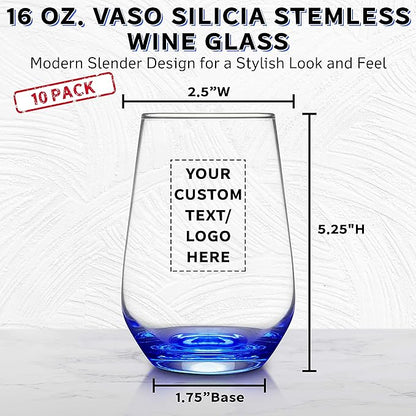 DISCOUNT PROMOS 10 Vaso Silicia Stemless Wine Glasses Set, 16 oz. - Personalized Text, Logo - Clear, Orb-Like, Thick base - Blue