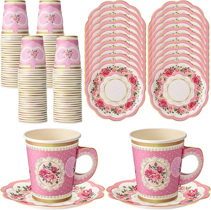 Tioncy 100 Pcs Tea Party Decorations Include 50 Pieces 9 oz Paper Tea Cups by Tioncy