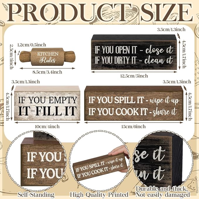 Moucuny 4 Pcs Rustic Wooden Table Decor Farmhouse Kitchen Rules Wood Sign Black - Image 2