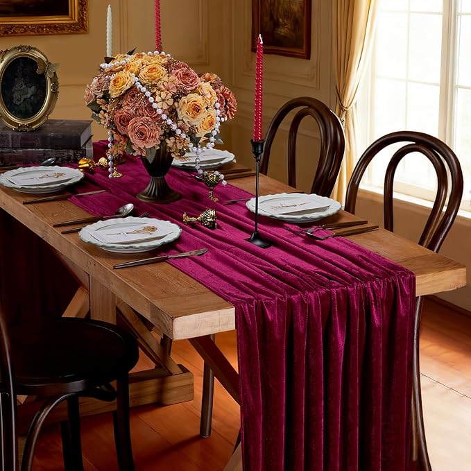 Burgundy Velvet Table Runner 29x120 Inch Luxury Retro Christmas Runners | 3 - Image 2