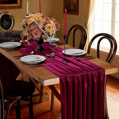 Burgundy Velvet Table Runner 29x120 Inch Luxury Retro Christmas Runners | 3 - Image 2