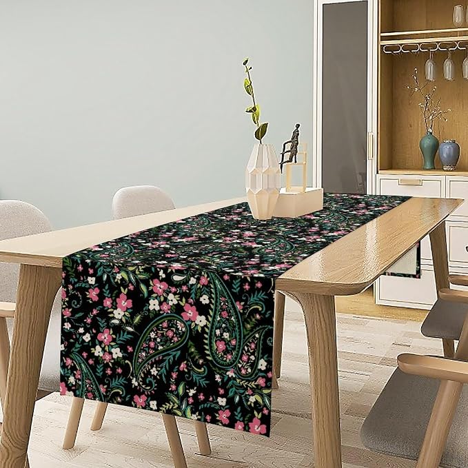 Paisley Table Runner, Abstract Vintage Boho Pink Paisley Flowers Green Teal - Image 2