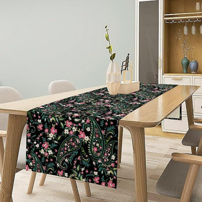 Paisley Table Runner, Abstract Vintage Boho Pink Paisley Flowers Green Teal - Image 2