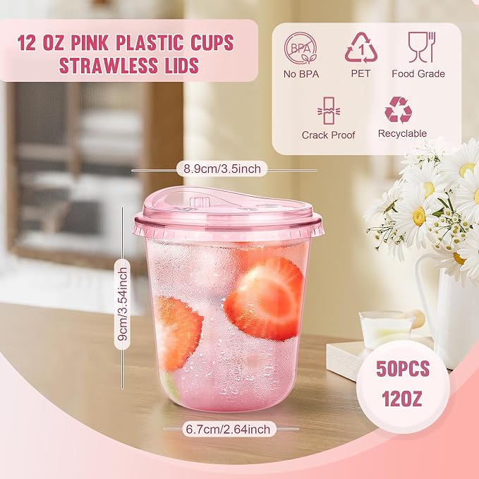 KesaPlan 50 Pack 12 oz Pink Round Bottom Plastic Party Cups - Image 2