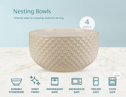 KooK Ceramic Mixing Bowls, Nesting Set of 4, Embossed Kitchen Dishware - Image 7