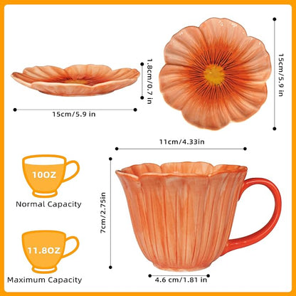10 oz Tea Cups and Saucers, Ceramic Flower-shaped Cappuccino Cup, Latte Cup and - Image 2