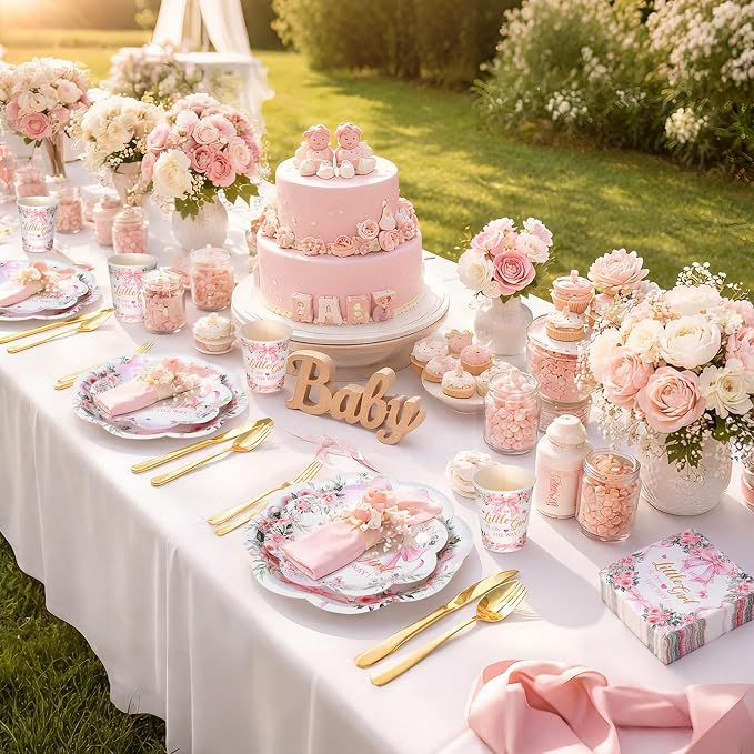 250 Pcs a Sweet Little Girl Is on The Way Baby Shower Plates Napkins | Pink Bow - Image 5