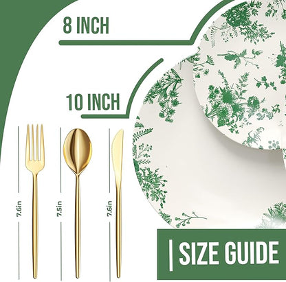 Trendables Fancy Plastic Dinnerware Sets 100 Pc Set 20 Guests Gold Silverware Disposable 20 X 10 Inch Charger Plates 20 X 8 Inch Dessert Plates 20 x Gold Plastic Forks and Spoons Knives In Verdure