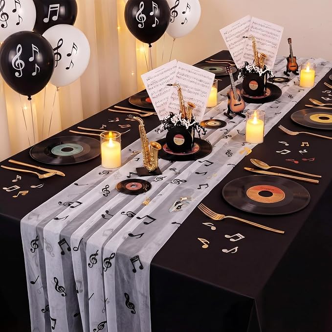 4 Pcs Music Notes Table Runner 29 x 70 Inch Glitter Black Musical Note Tulle - Image 5