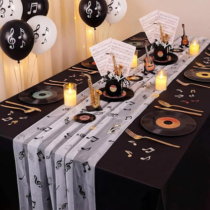 4 Pcs Music Notes Table Runner 29 x 70 Inch Glitter Black Musical Note Tulle - Image 5