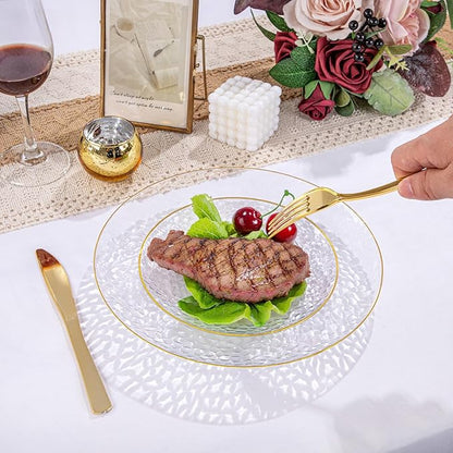 Rubtlamp 30Guest Plastic Gold Dinnerware Set, Gold Plastic Plates, Heavy Duty Disposable Dinnerware Include 30 Dinner Plate,30 Dessert Plates, 90 gold Silverware