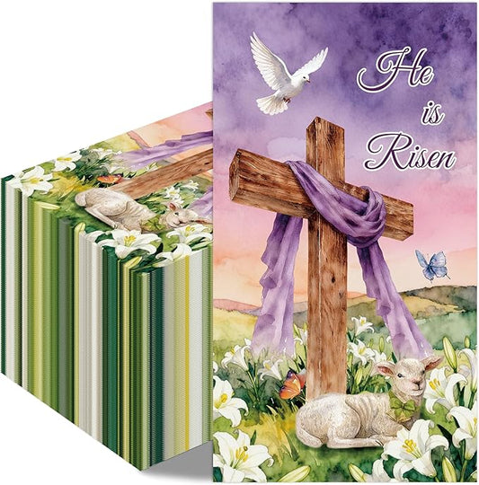 Purple Easter Paper Napkins - 100 Pcs He is Risen Happy Dinner Disposable Party Decorations Sets Bulk Cross Religious Decorative Guest Supplies Decor Hand Towels for Bathroom Home 7.9 x 4.3 In