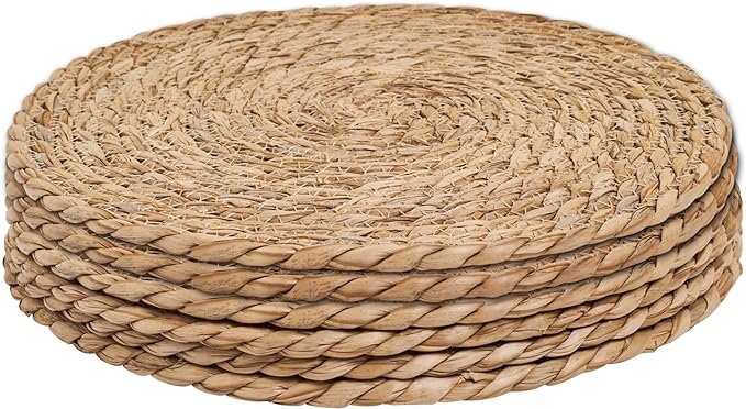 Defined Deco Woven Placemats Set of 6,12" Round Rattan Placemats,Natural Hand-Woven Water Hyacinth Placemats,Farmhouse Weave Place Mats,Rustic Braided Wicker Table Mats for Dining Table,Home,Wedding.