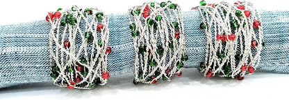 Silver Red Green Beaded Napkin Ring Set of 12 - Beautiful Elegant Decorative Napkin Holder for Christmas/Dinner Table Decoration/Farmhouse/Wedding/Party/Family Gathering/New Year & Everyday Use