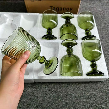 Green Drinking Glasses set of 6 Big Wine Goblets Vintage Colored Glassware 13 oz for Wedding Party Bar Vertical Line Embossed Pattern Stemmed Cups 400ml