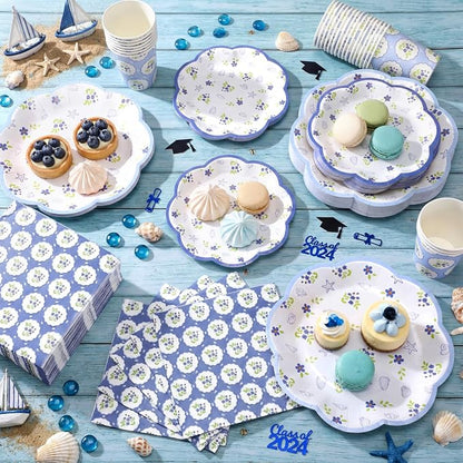 250 Pcs Blue Seashell Disposable Paper Plates and Napkins | Scalloped Design - Image 2