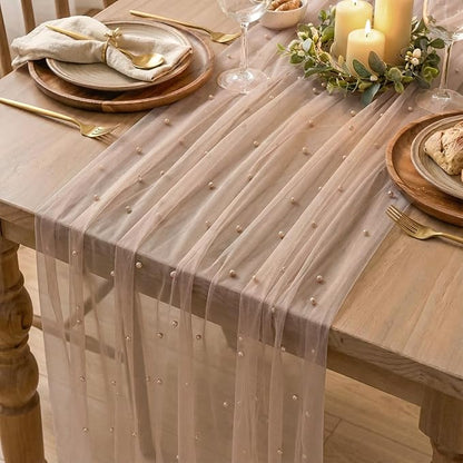 Artoid Mode Pearl Tan Gauze Table Runner 120 Inch 10FT, Seasonal Sheer Dining Holiday Wedding Birthday Baby Shower Table Decor for Home Party
