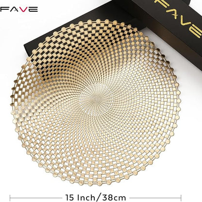 FAVE 8 PCS Vinyl Gold Round Placemats, Spiral Hollow Out Washable for Daily Dining, Holiday Events& Daily Use (15 Inch,8PCS)