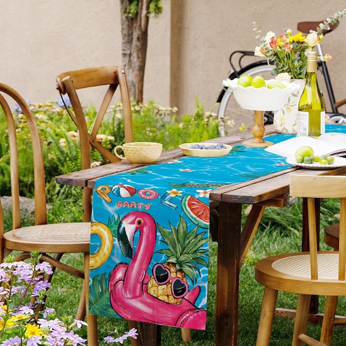 Summer Pool Flamingo Table Runner Spring Fun Float Party Burlap Table Runners - Image 6