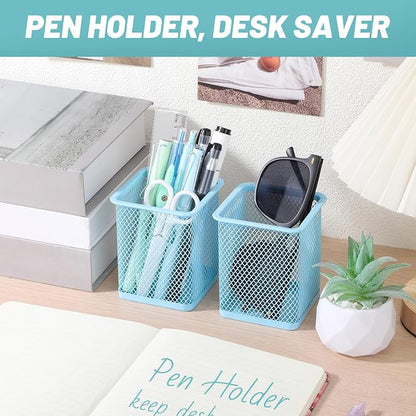 Segarty Pen Holder for Desk, 3 Pack Square Light Blue Pencil Holder, Wire Mesh - Image 5