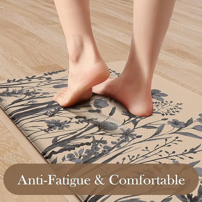 KIMODE Anti Fatigue Kitchen Mats for Floor, Farmhouse Kitchen Rugs Sets of 2, Cushioned Kitchen Floor Mats, Comfort Standing Mat for Sink, Laundry, Office, Desk Brown/Grey 17"x47"+17"x29"