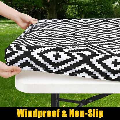 Smiry Rectangle Table Cloth Cover, Waterproof Elastic Fitted Picnic Tablecloth for 4 Foot Tables, Wipeable Flannel Backed Vinyl Tablecloths for Camping, Dining, Outdoor (Black, 24" x 48")