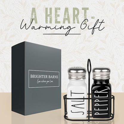 Salt and Pepper Shakers Set with Holder by Brighter Barns - Cute Modern Farmhouse Kitchen Decor, Table Decor - Vintage Glass Black White Shaker Set with Caddy and Stainless Steel Lids (Black/White)