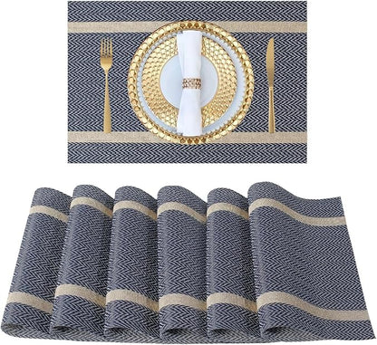 FAVE Placemats Set of 12 Blue Placemats Woven with Golden Thread Durable and Wipeable Vinyl Place Mats Heat Resistant Table Mats Set of 12 for Kitchen Table (Blue, 12"x18"-12PCS)