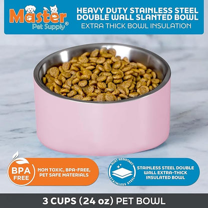Master Pet Supply Stainless Steel Slanted Dog Cat Food Bowl - 24 oz Heavy Duty - Rose Quartz, Double Wall Insulated, Non-Slip Elevated Bowl for French Bulldogs Pugs Cats, Anti Rust Dishwasher Safe
