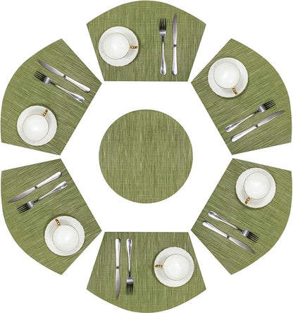SHACOS Round Table Placemats Set of 7 Wedge Placemat with Centerpiece Round Mat Heat Resistant Table Mats Wipe Clean (7, Green)