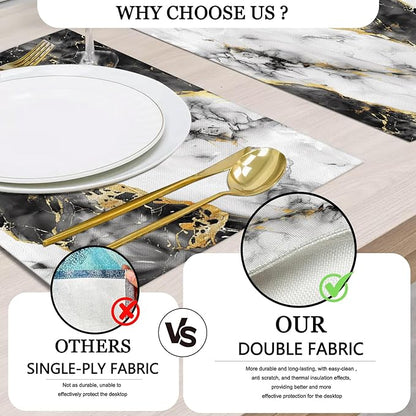 Mcalk Black Marble Table Runner and Placemats Set of 6, Marble Print Placemats, Modern Cloth Place Mats Indoor for Kitchen,Washable Linen Material for Dining Table
