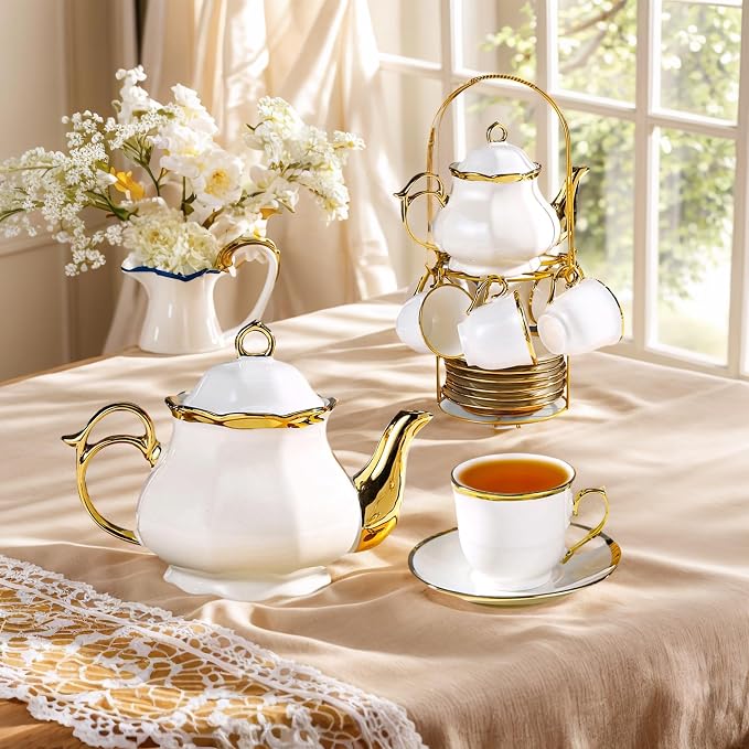 20 Pcs Porcelain Tea Set with Metal Holder, Adult Tea Set Gift, Large European - Image 2