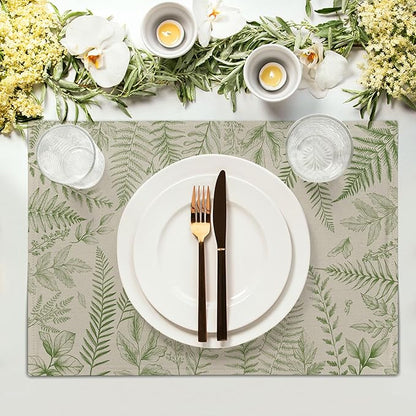 Green Plants Wild Fern Table Mats for Kitchen Set of 4,Green Leaves Botanical Washable Heat-Resistant Linen Fabric Desk Mats 12x18 Inch for Seasonal Home Party Dining Decor