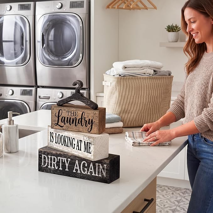 Moucuny 4 Pcs Farmhouse Laundry Room Decor and Accessories Stacked Blocks The - Image 7