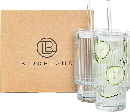 All Glass Iced Coffee Cup with Lid and Straw (16oz striped)
