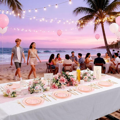 EI 180pcs Pink Plastic Plates with Gold Plastic Silverware,Heavy-Duty Disposable Plates for Party,White Dinnerware Set for 30 Guest Wedding,Birthday,Valentine's Day