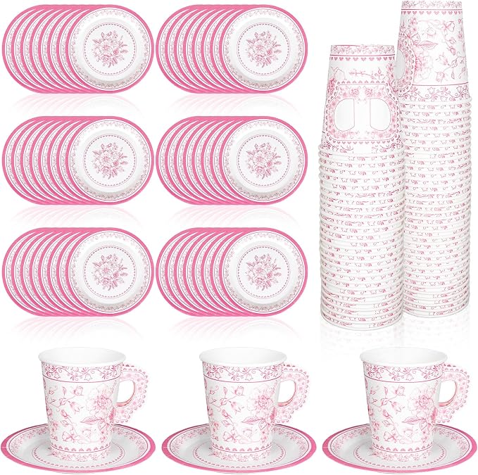 Whaline 80 Pcs Pink White Floral Paper Tea Cups and Saucers Porcelain by Whaline