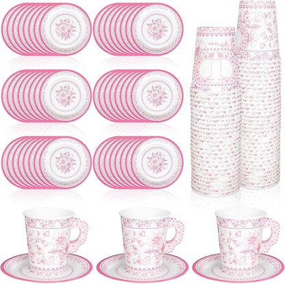 Whaline 80 Pcs Pink White Floral Paper Tea Cups and Saucers Porcelain by Whaline
