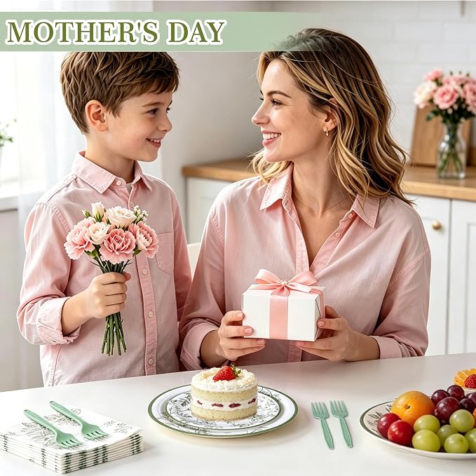 100 Pcs Disposable Sage Green Flower Tableware Set - Image 4