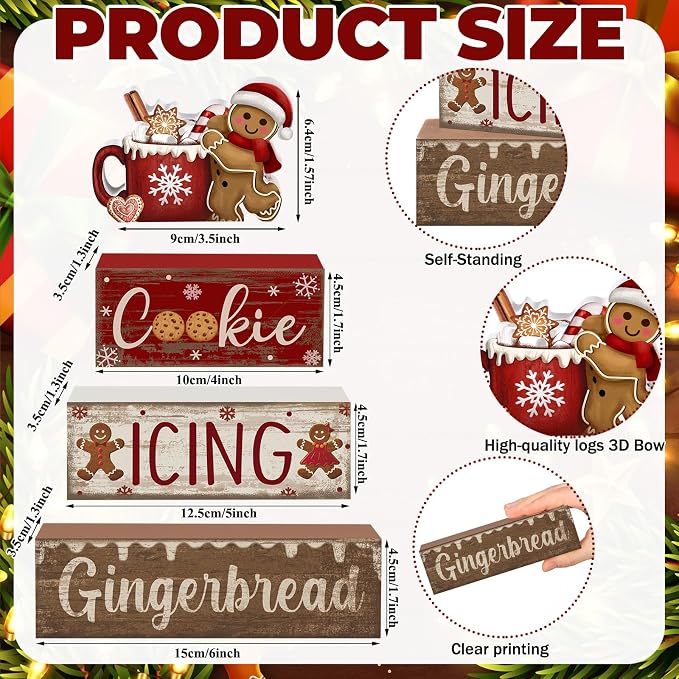 Moucuny 4 Pcs Christmas Table Decor Wooden Gingerbread Cocoa Decoration - Image 4