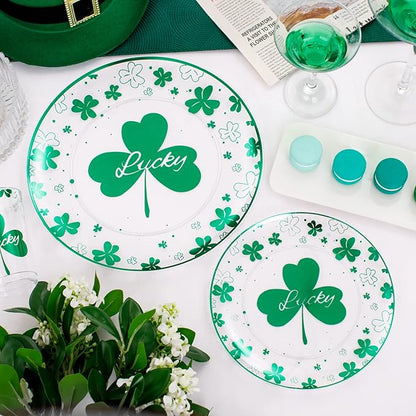 U-QE 60PCS St Patricks Day Plates - Clear and Green Disposable Plates - Premium Hard Green Plastic Plate Including 30 Dinner Plate 10.25'' & 30 Dessert Plate 7.5 '' Perfect for St. Patrick’s Day