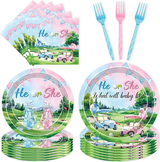 96 Pcs Golf Gender Reveal Decorations, He or She Tableware Set | Golf Cart Theme by EoBeCy