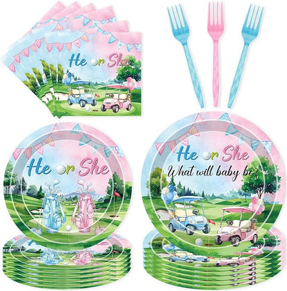 96 Pcs Golf Gender Reveal Decorations, He or She Tableware Set | Golf Cart Theme by EoBeCy