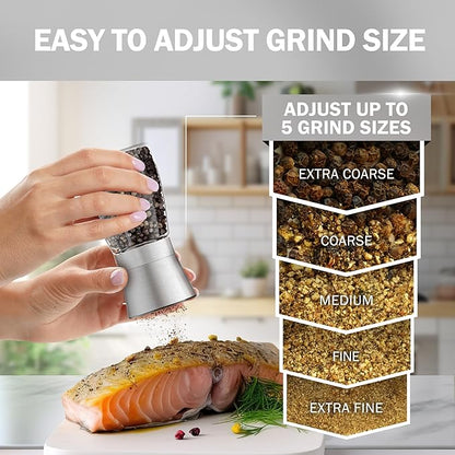 HOME EC Original Stainless Steel Salt or Pepper Grinder 1pk - Adjustable Ceramic Sea Salt Grinder or Pepper Mill - Tall Glass Spice Shaker - Spice Mill w/EBook