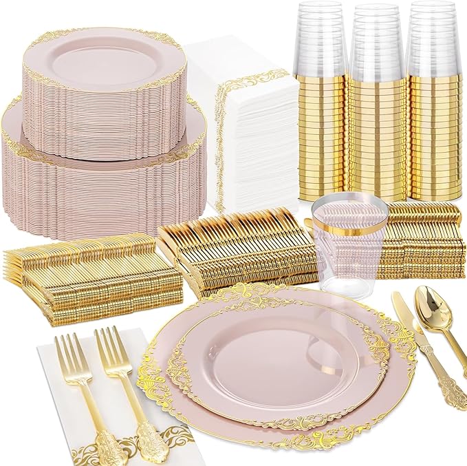 Nervure 350Pcs Pink Plastic Plates, Plastic Dinnerware Set by Nervure
