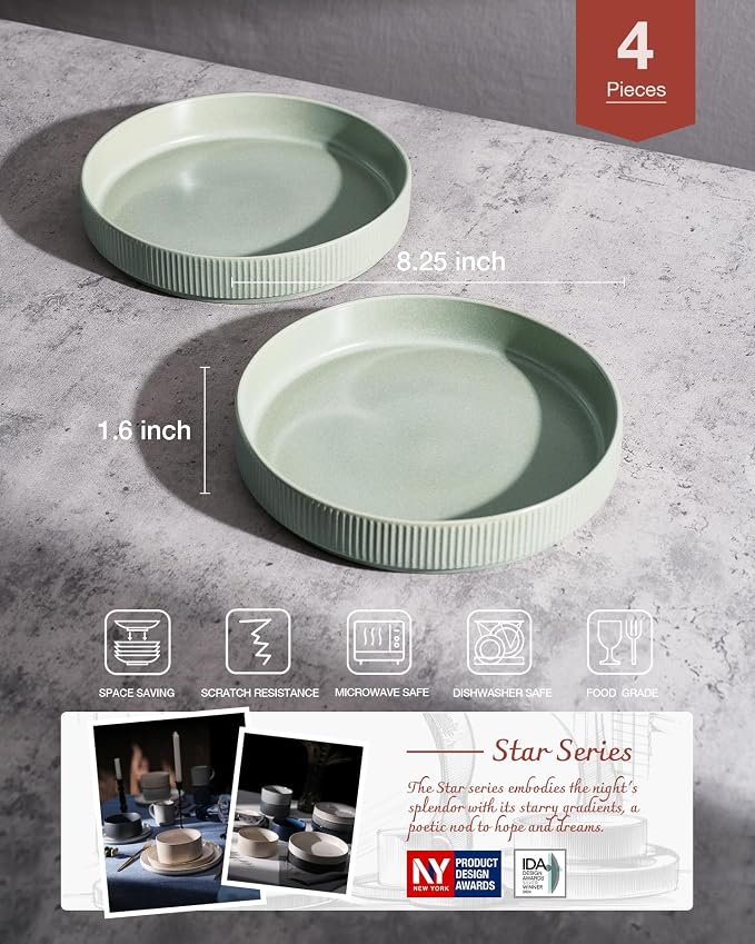 famiware Star 8.25" Pasta Bowls Set of 4, Bowl Plates, Light Green | Microwave - Image 2