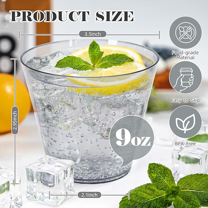 50 Pack 9oz Transparent Black Plastic Cups, Fancy Disposable Cocktail Cup | - Image 2