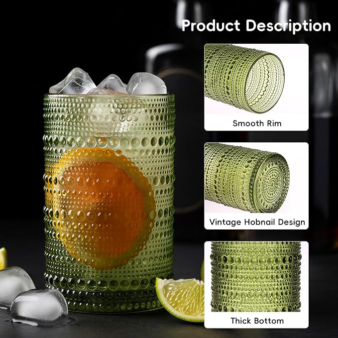Moretoes Green Hobnail Drinking Glasses Set of 6, Glass Cups | 12 Oz Highball - Image 5