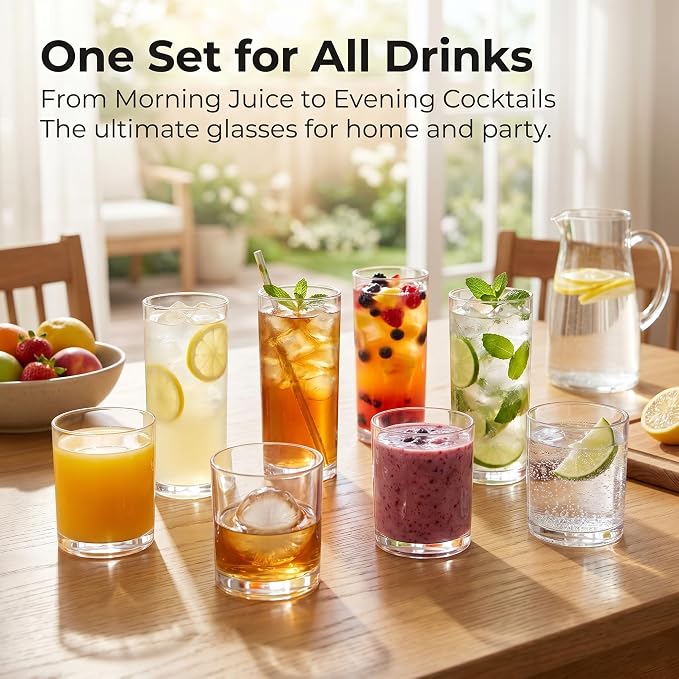 Meolibour® Acrylic Drinking Glasses Set of 8, 14oz Rocks & 20oz Water Cups - Image 6