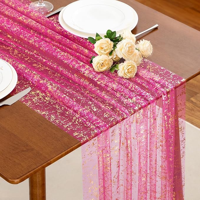 SiinvdaBZX 4 Pcs Hot Pink Sheer Tulle Table Runner 120 Inch/10 Ft Long | Gauze by SiinvdaBZX